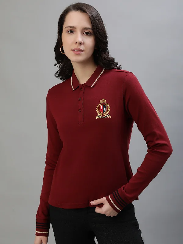 Iconic Women Red Solid Polo Collar Full Sleeves T-Shirt