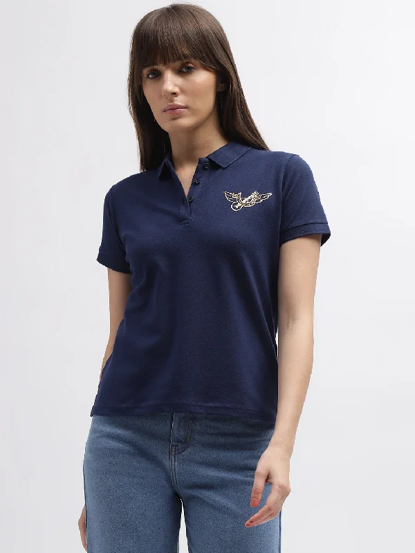 True Religion Women Blue Printed Polo Collar Short Sleeves T-Shirt