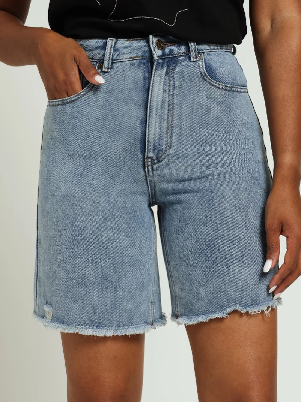 Raw Hem Boyfriend Mid Thigh Denim Short - Dark Wash Ink