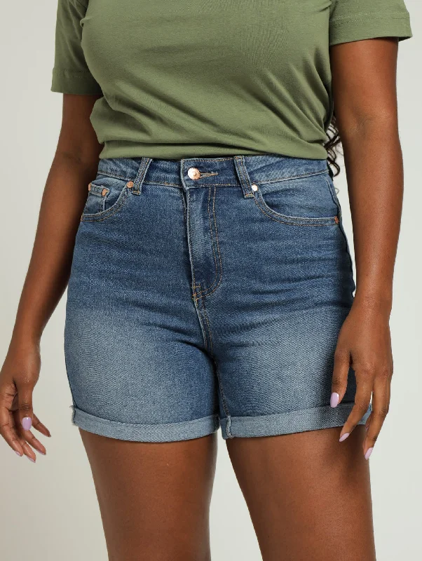 Roll Hem Mid Thigh Classic Denim Shorts - Medium Wash