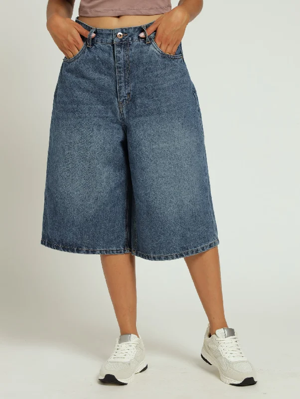 Wide Leg Bermuda Shorts - Mid Blue