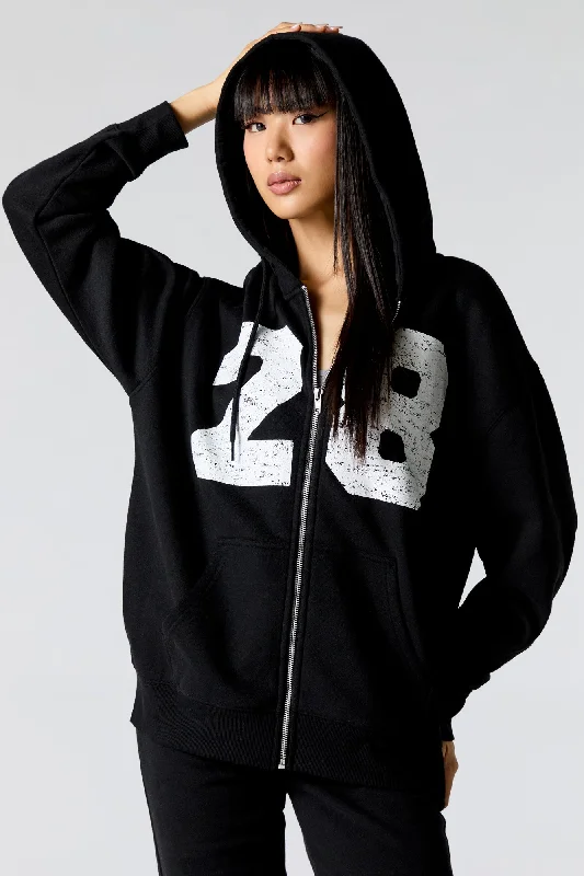 Number Graphic Zip-Up Fleece Hoodie