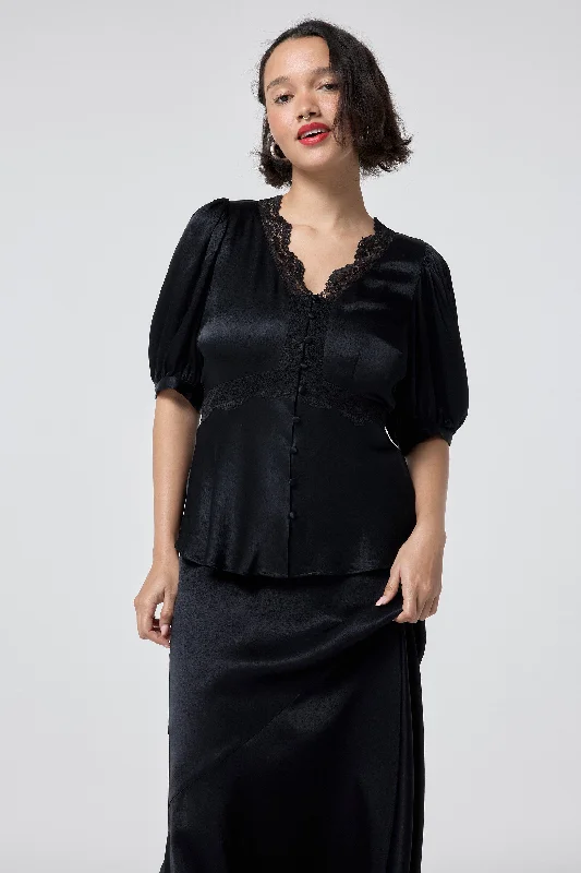 Black with Lace Trim Puff Sleeve Button Through Blouse