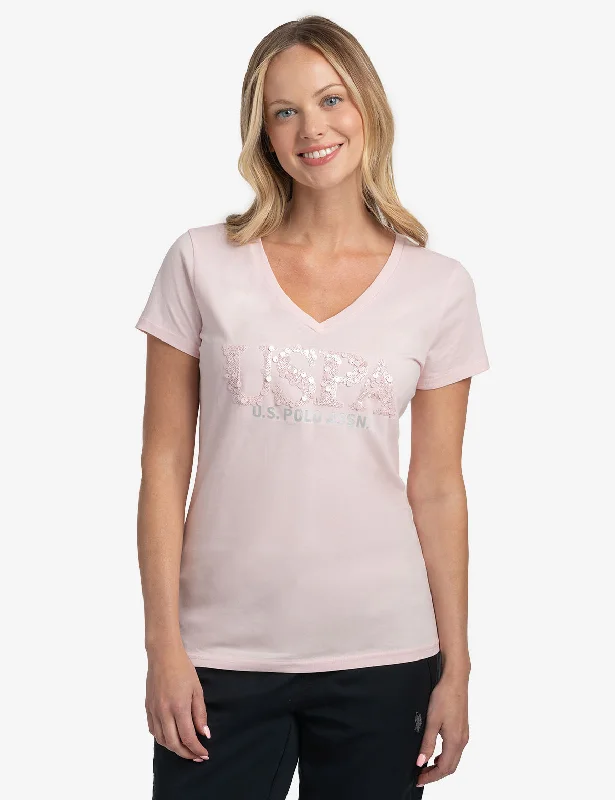 MIXED SEQUINS V-NECK JERSEY T-SHIRT