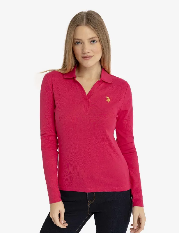 SPLIT NECK RIBBED LONG SLEEVE POLO SHIRT