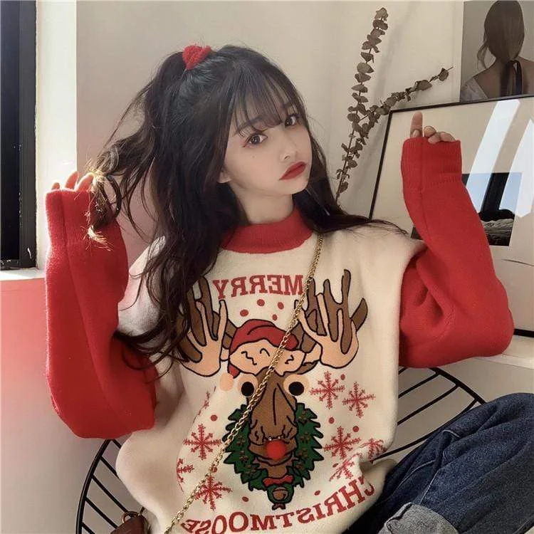 Women's Cute Christmas Elk Embroidered Sweatshirt