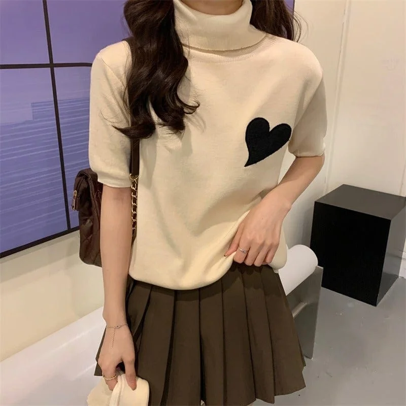 Women's Cute Turtleneck Heart Knitted Top with Oversleeve