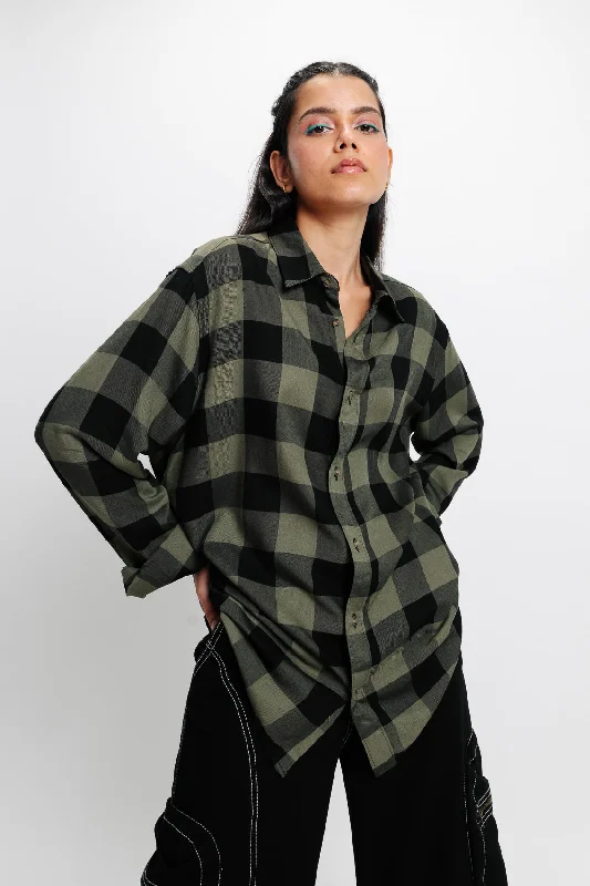 Olive Green Checkered Viscose Blend Shirt