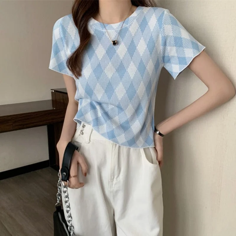 Women's Kawaii Blue Diamond Check Casual Tee