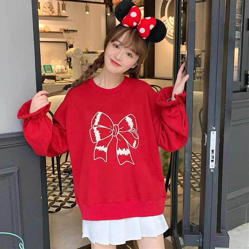 Women's Kawaii Bowknot Printed Flare Sleeved Sweatshirts