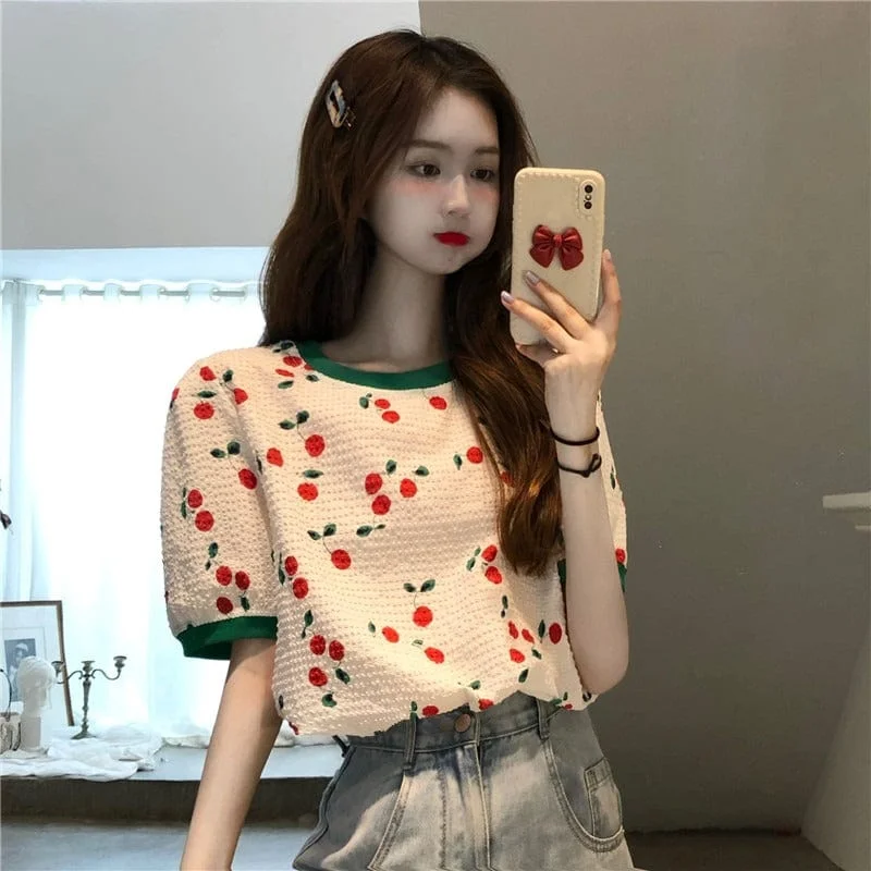 Women's Kawaii Cherry Puff Sleeved Top