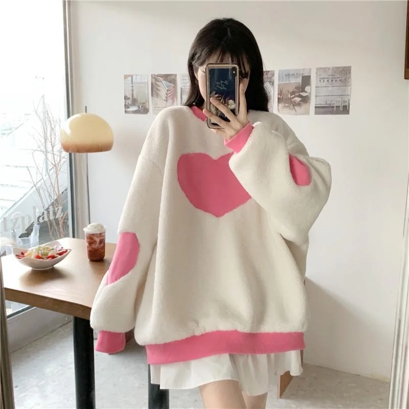 Women's Kawaii Double Color Heart Sherpa Sweatshirt