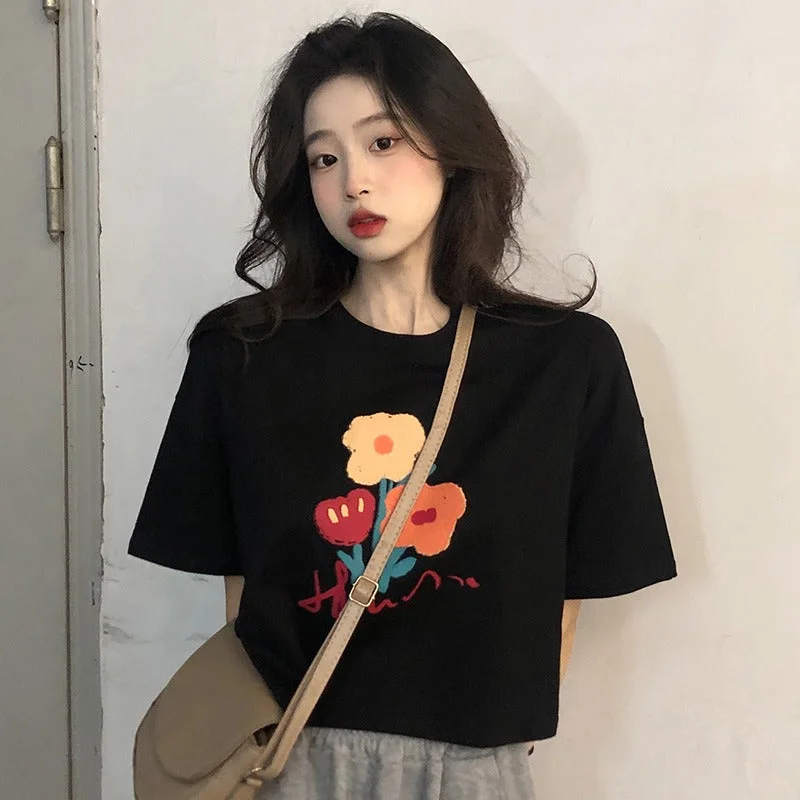 Women's Kawaii Flower Printed Short Casual Tee