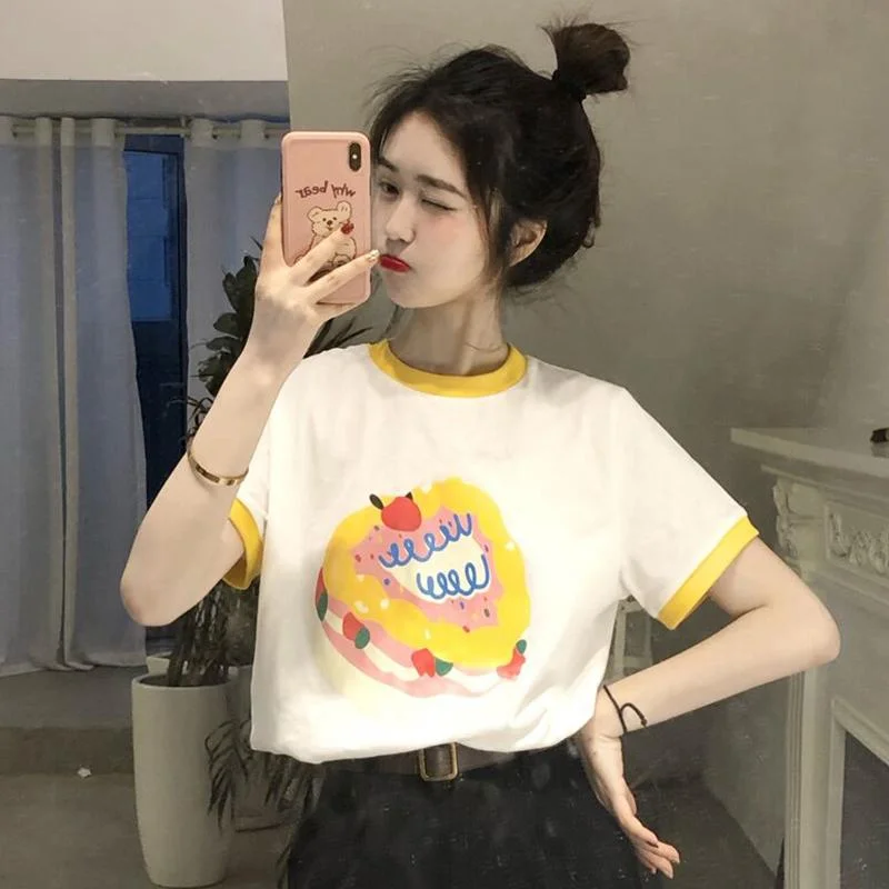 Women's Kawaii Fruit Cake Printed Short Sleeved Tee