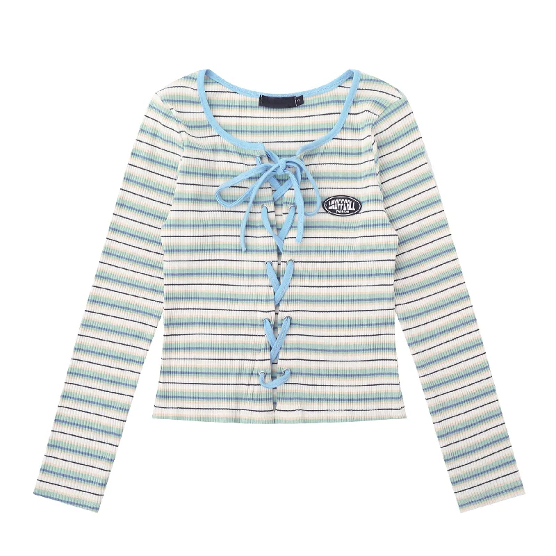 Women's Kawaii Lace-up Striped Knitted Shirt