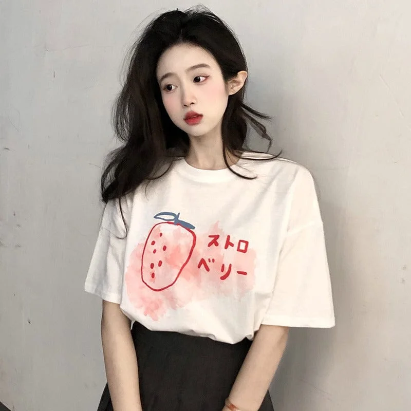 Women's Kawaii Strawberry Printed Casual Tee