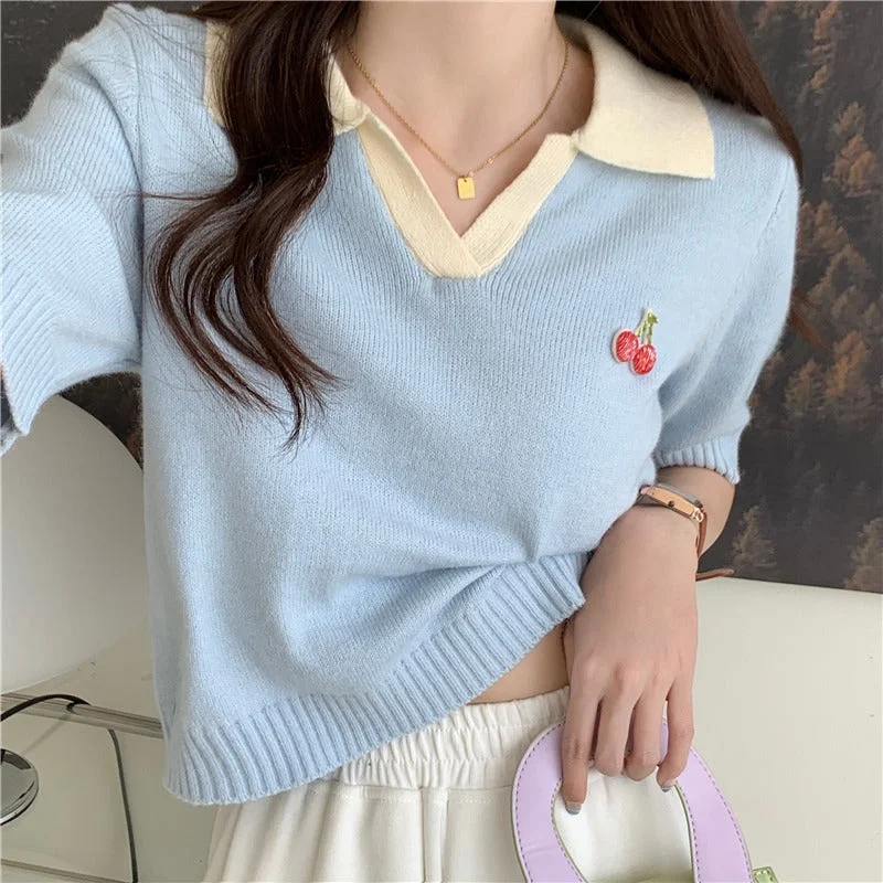 Women's Kawaii Turn-down Collar Knitted T-shirt