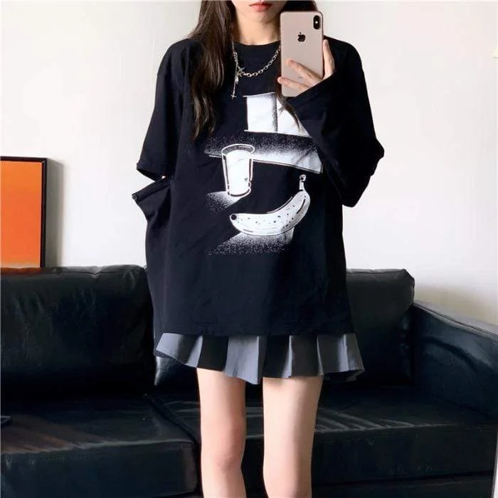 Women's Kawaii Window Printed Splice Ripped Loose T-shirt