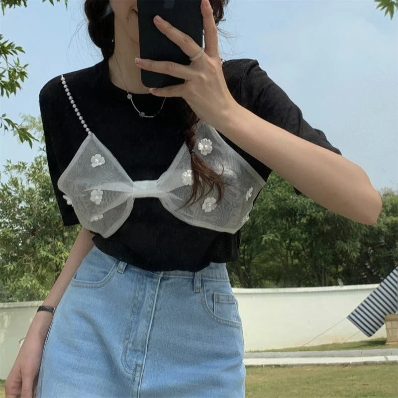 Women's Korean Fashion Big Lace Bowknot Casual Tee