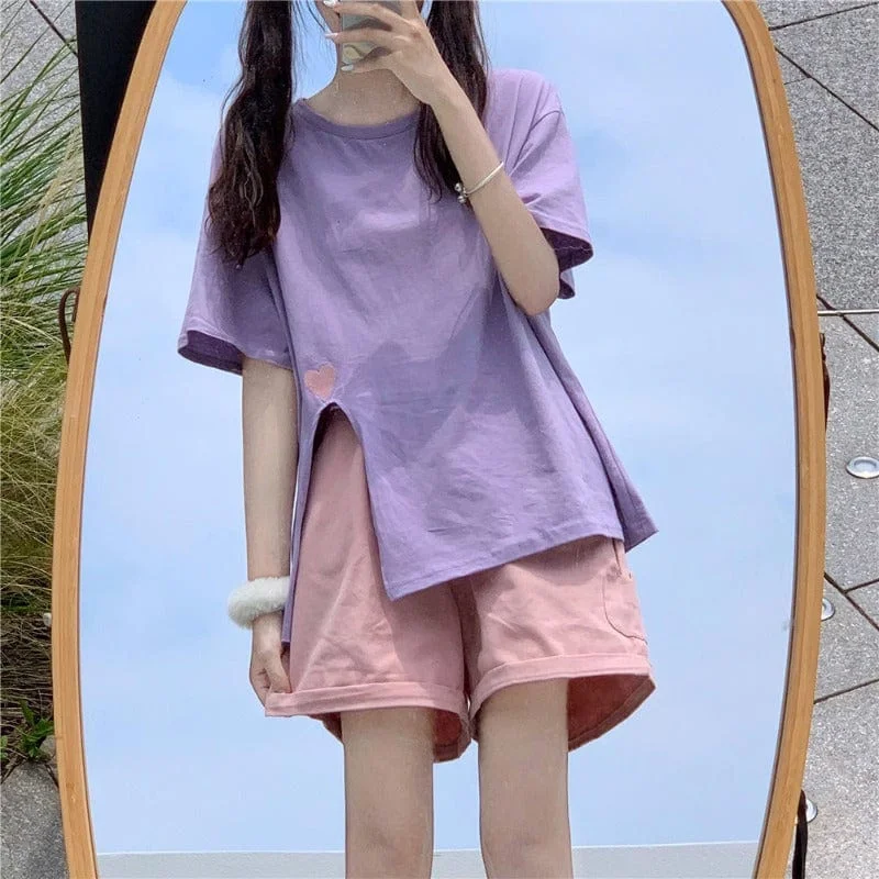 Women's Korean Fashion Side Slit Solid Color Casual Tee