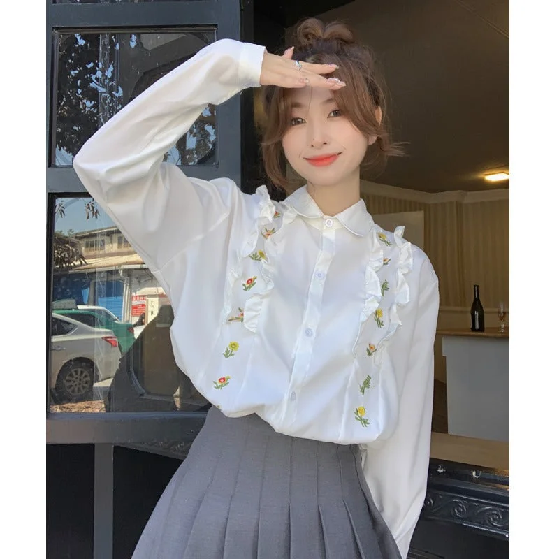 Women's Korean Style Flower Embroidered Ruffled Shirt