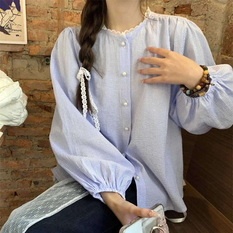 Women's Korean Style Lace Collar Ribbed Shirt