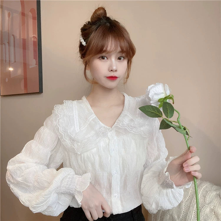 Women's Korean Style Lace Doll Collar Ruffled Shirt