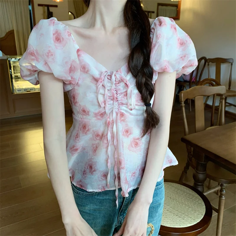 Women's Korean Style Puff Sleeved Drawstring Floral Shirt