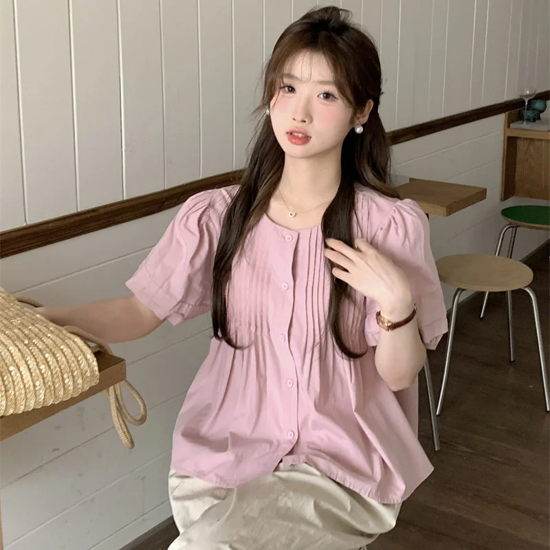 Women's Korean Style Puff Sleeved Pleat Shirt