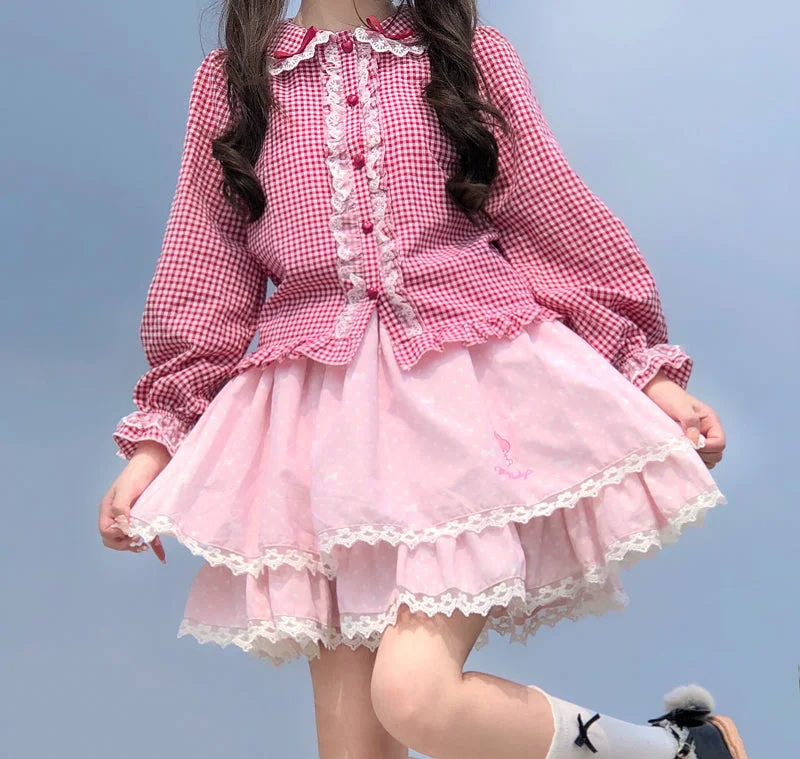 Women's Lolita Doll Collar Lace Hem Plaid Shirt