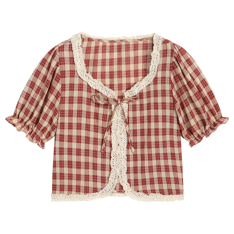 Women's Vintage Lace Hem Plaid Shirt